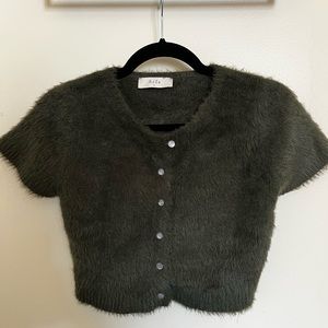(SOLD) Azoe Forest Green Fuzzy Short Sleeve Button Up Sweater